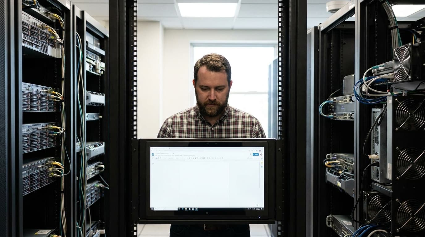 An IT administrator works on a computer monitor mounted in a server rack, showing a web office application.