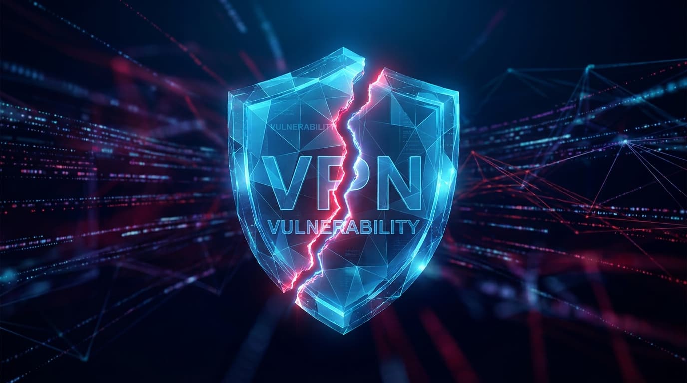 A cracked digital shield symbolizing a security vulnerability in a VPN.