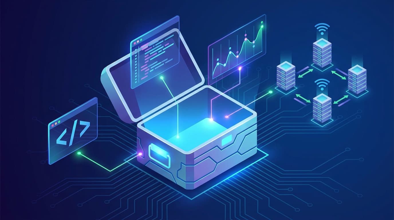 An illustration of a digital toolbox, symbolizing the JetBrains Toolbox App update with monitoring and remote development features.