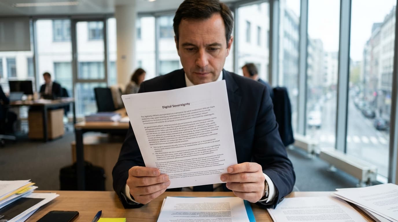 A European government official in a suit reviews a policy document in a bright, modern office setting.