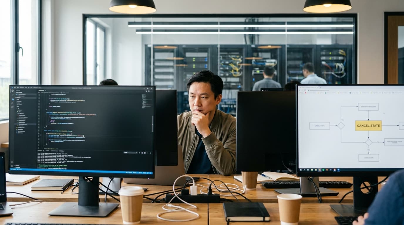 A developer sits at a desk with two monitors, one showing code and the other showing a workflow diagram.